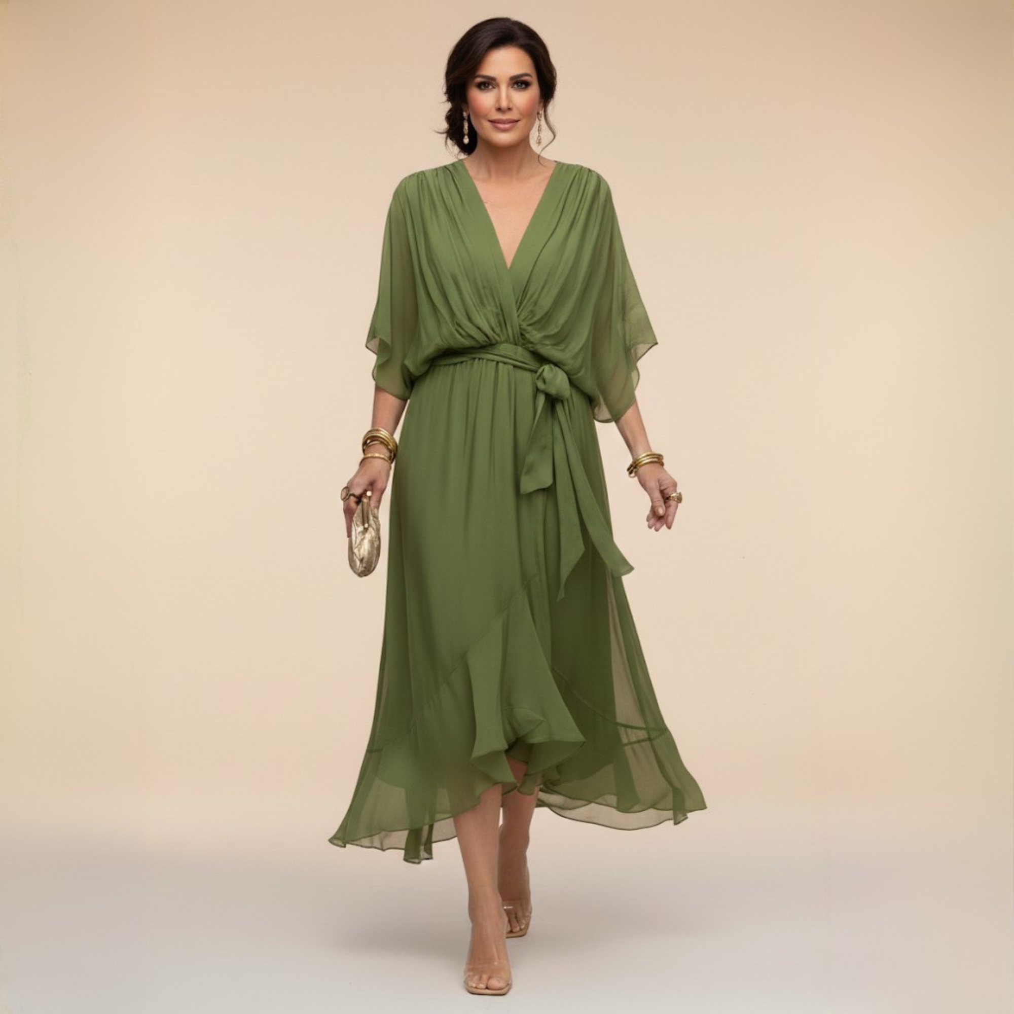 Women's Chiffon Midi Dress Wrap Style V-Neck