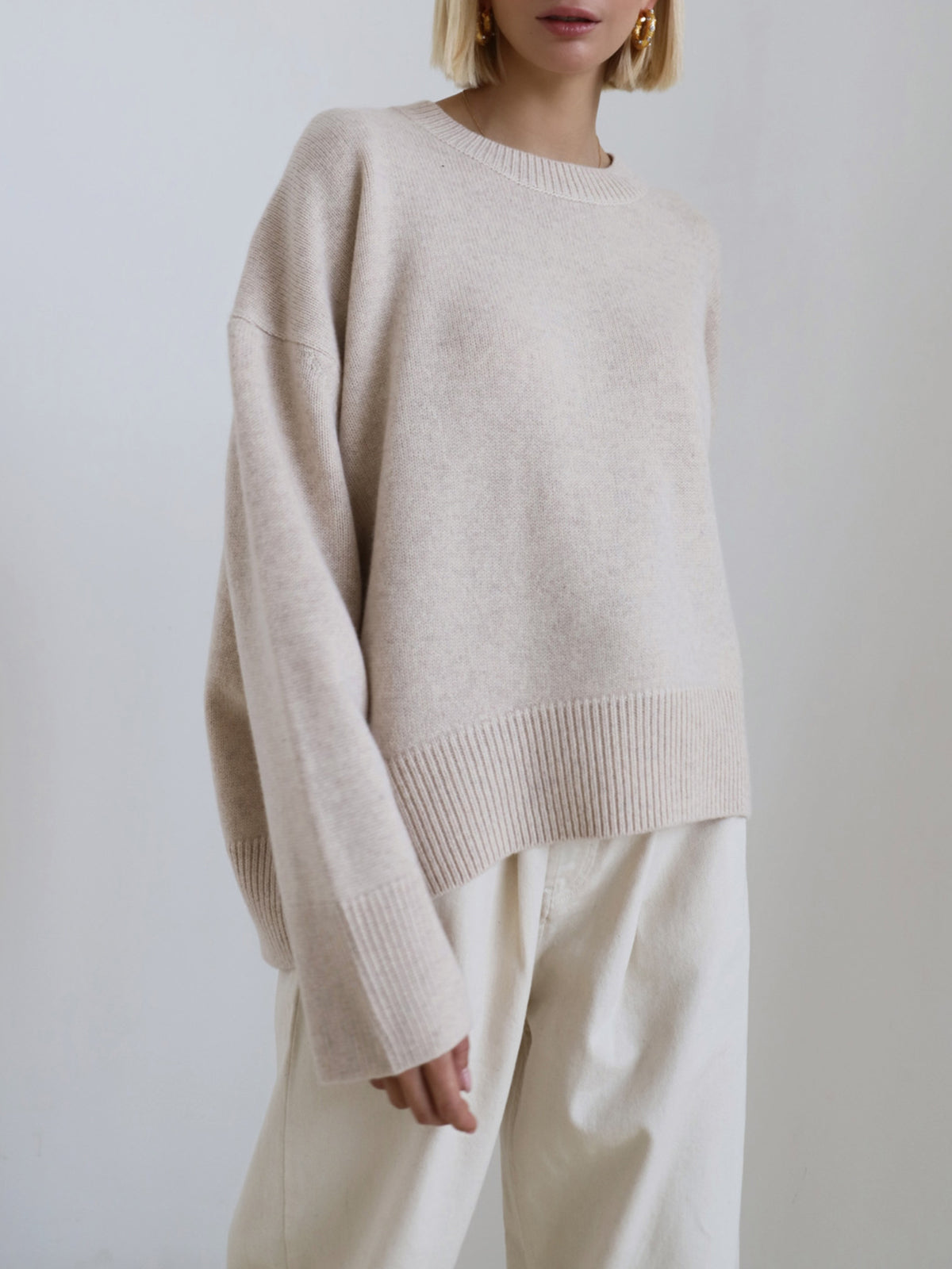Oversized Crewneck Sweater - Relaxed Fit Long Sleeve Knitwear Casual Layer