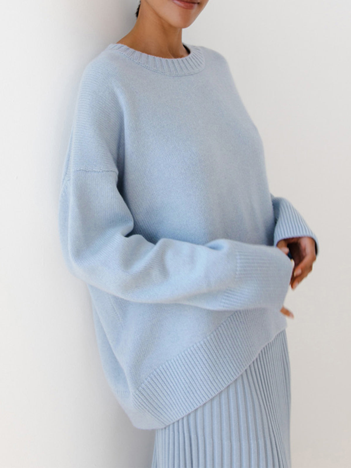 Oversized Crewneck Sweater - Relaxed Fit Long Sleeve Knitwear Casual Layer