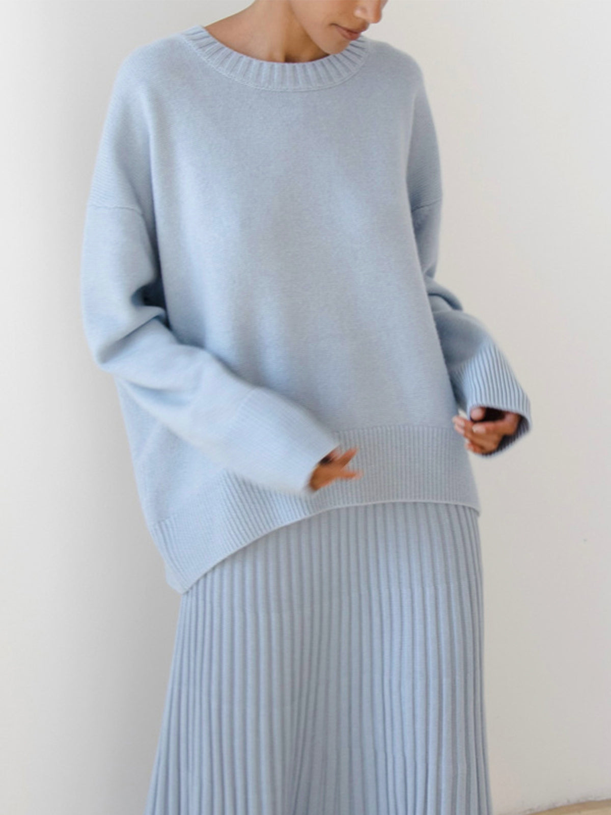 Oversized Crewneck Sweater - Relaxed Fit Long Sleeve Knitwear Casual Layer