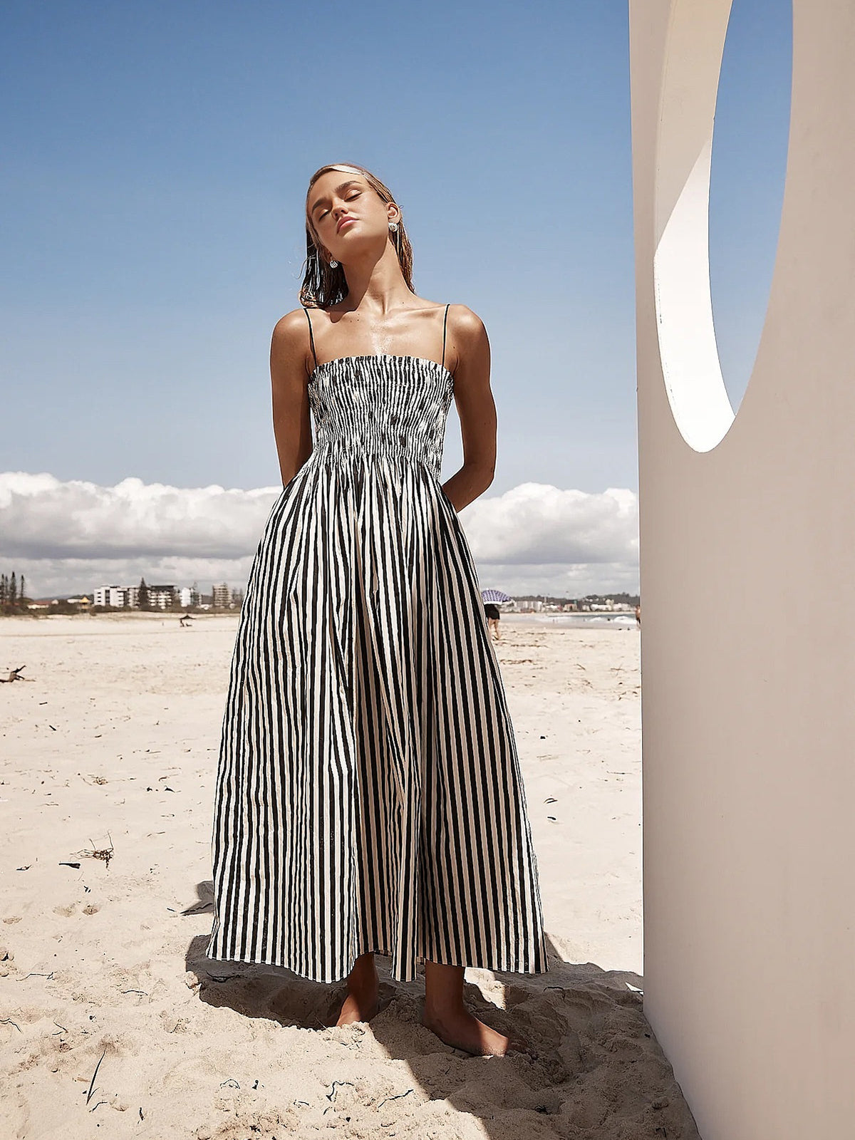 Women's Spaghetti Strap Smocked Pinstripe Maxi Dress