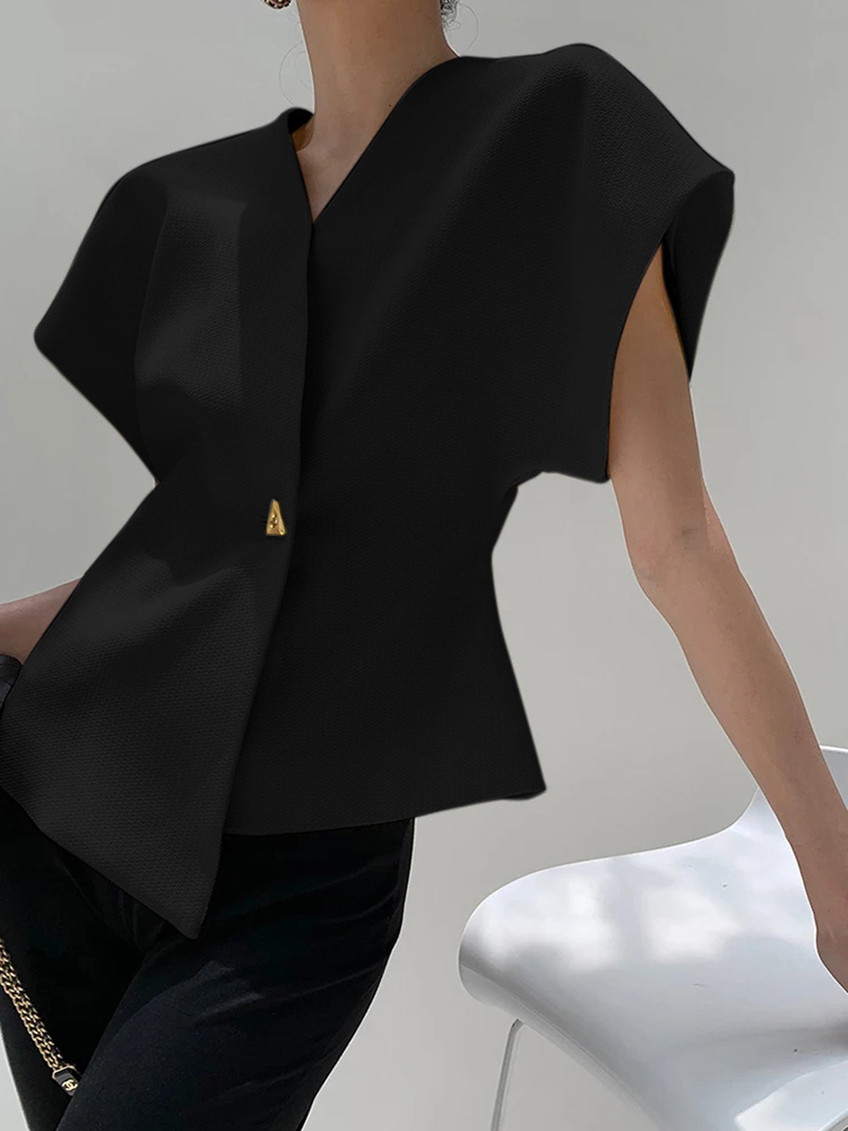 V Neck Button Down Blouse - Statement Blouse with Structured Silhouette for Smart Casual Wear