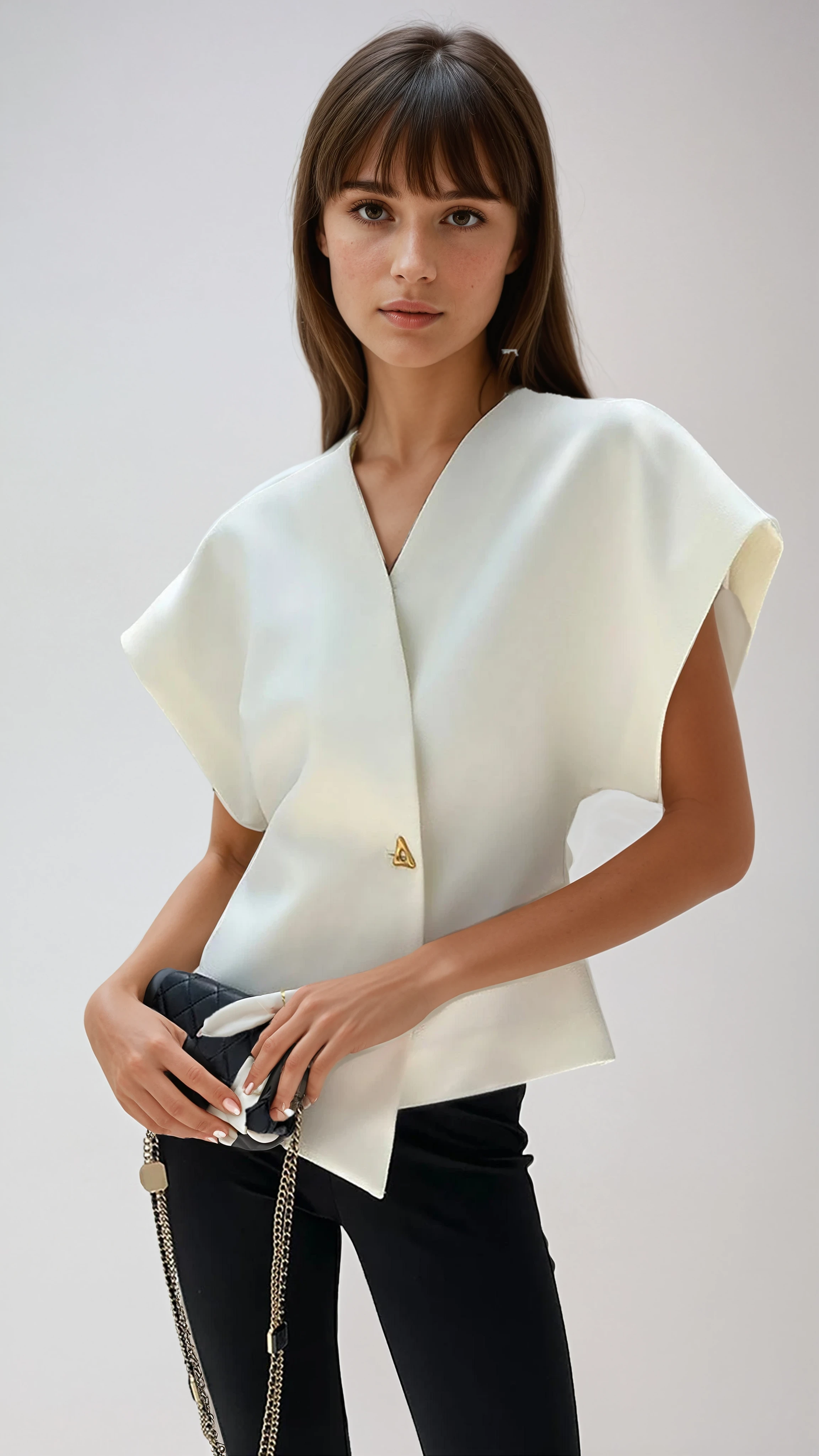 V Neck Button Down Blouse - Statement Blouse with Structured Silhouette for Smart Casual Wear