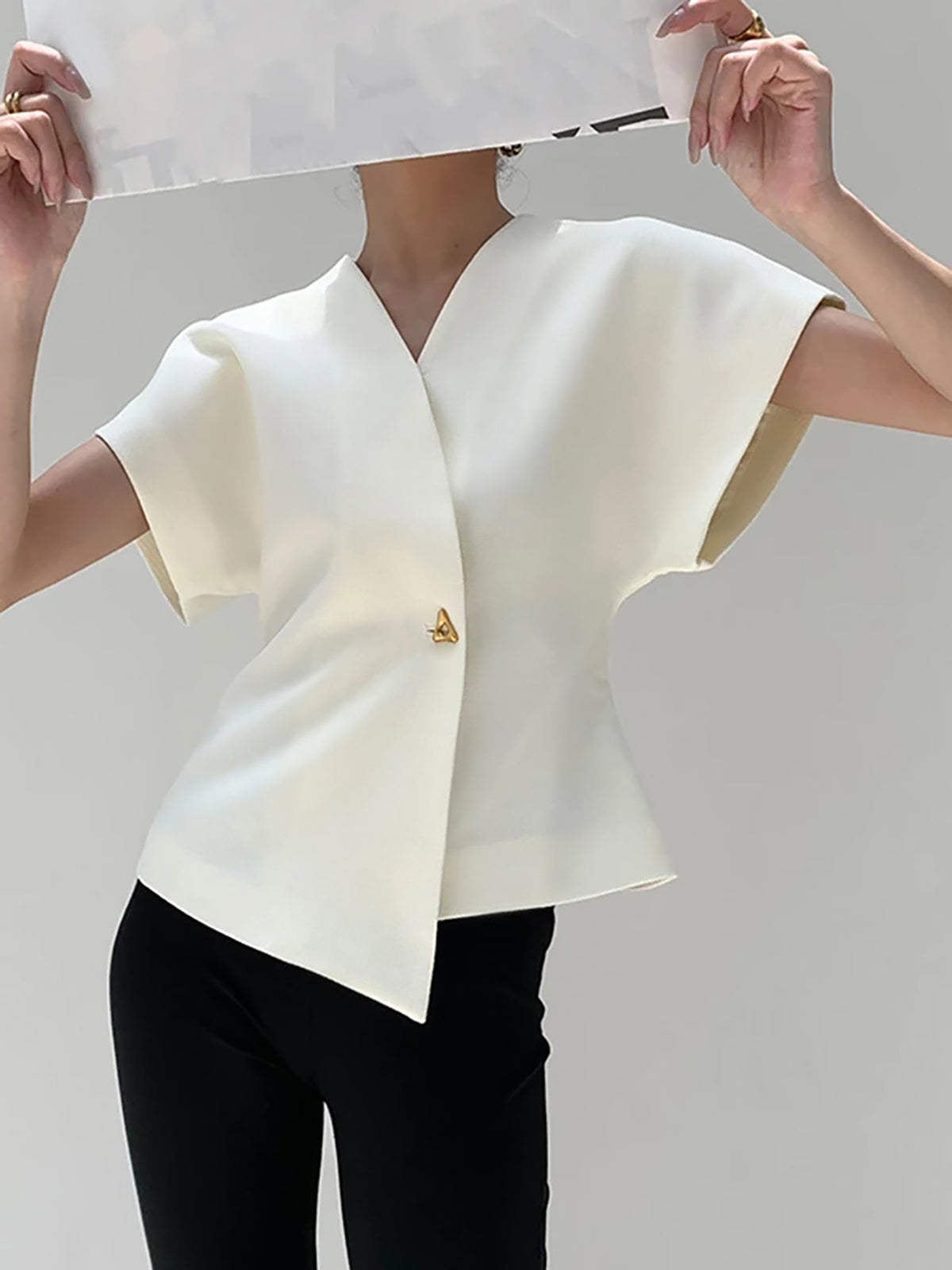 V Neck Button Down Blouse - Statement Blouse with Structured Silhouette for Smart Casual Wear