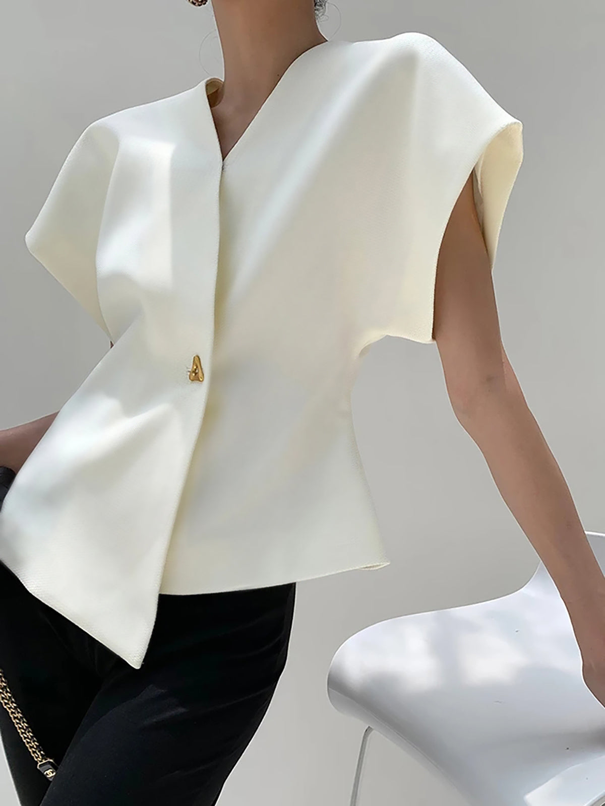 V Neck Button Down Blouse - Statement Blouse with Structured Silhouette for Smart Casual Wear