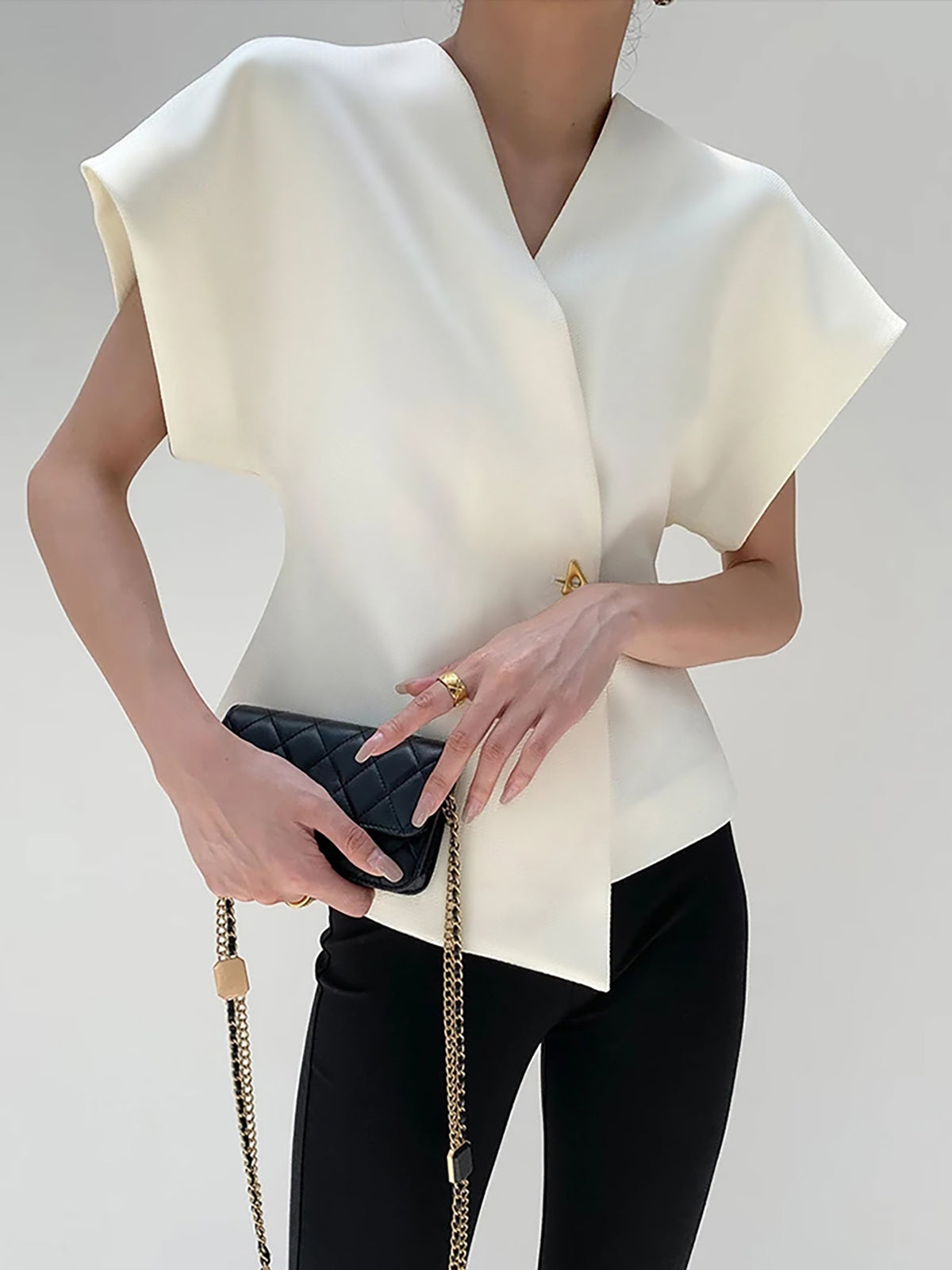 V Neck Button Down Blouse - Statement Blouse with Structured Silhouette for Smart Casual Wear