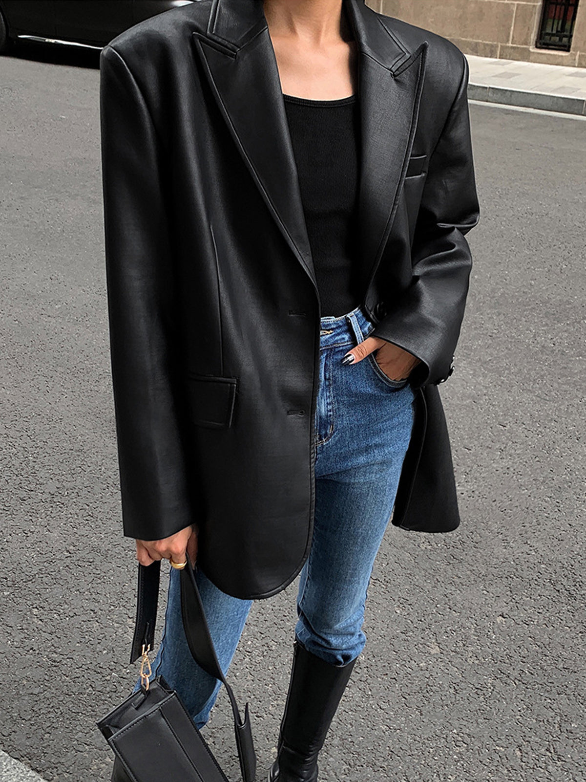 Oversized Faux Leather Blazer Jacket - Relaxed Fit Long Sleeve Lapel - Smart Casual Layer