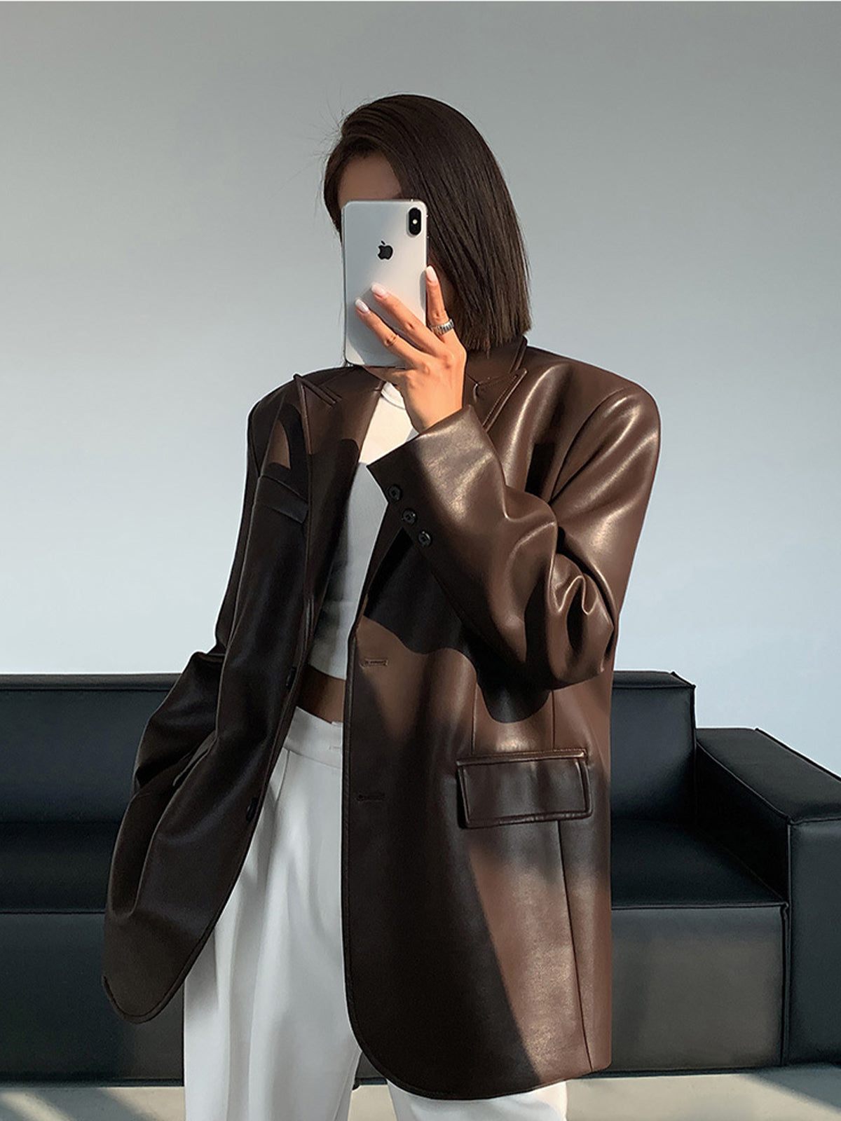 Oversized Faux Leather Blazer Jacket - Relaxed Fit Long Sleeve Lapel - Smart Casual Layer