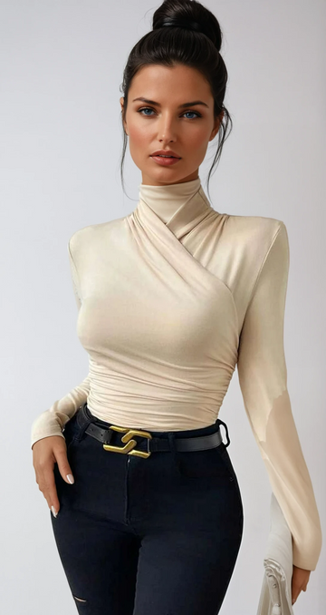 Langes, drapiertes Crossover-Oberteil mit langen Ärmeln – Stehkragen, Statement-Bluse für Smart-Casual-Looks