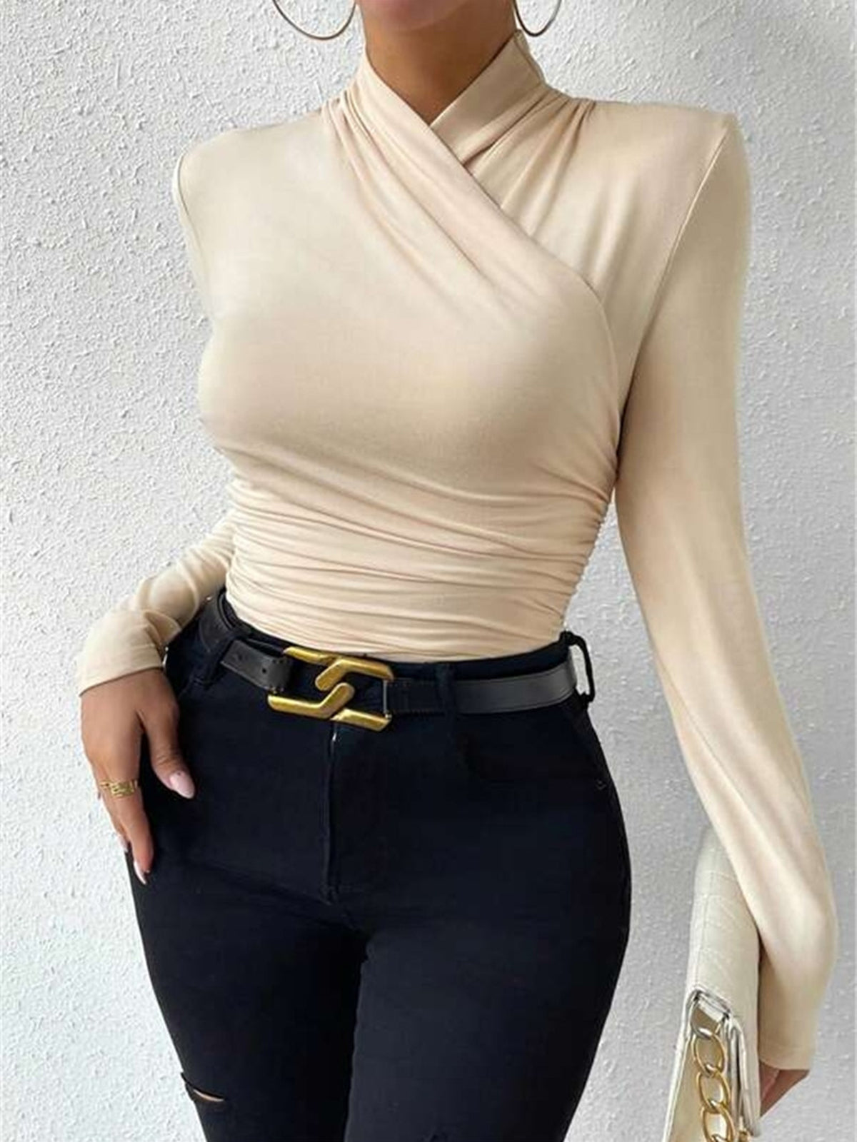 Draped Crossover Long Sleeve Top - High Neck Statement Blouse for Smart Casual Styling
