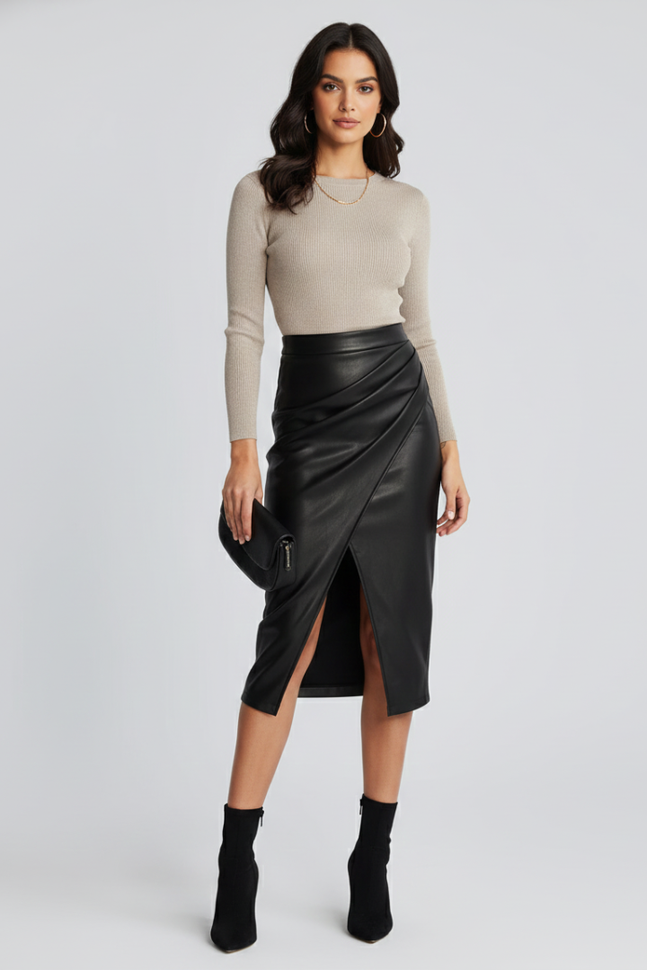 Women's Faux Leather Midi Skirt Front Slit