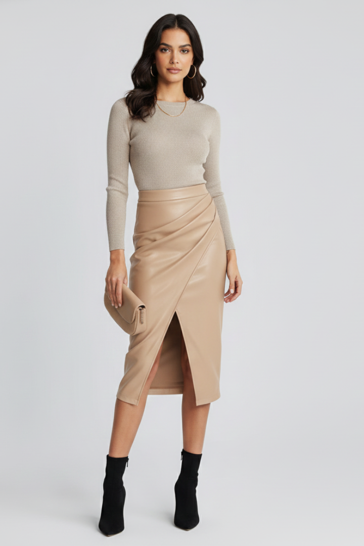 Women's Faux Leather Midi Skirt Front Slit