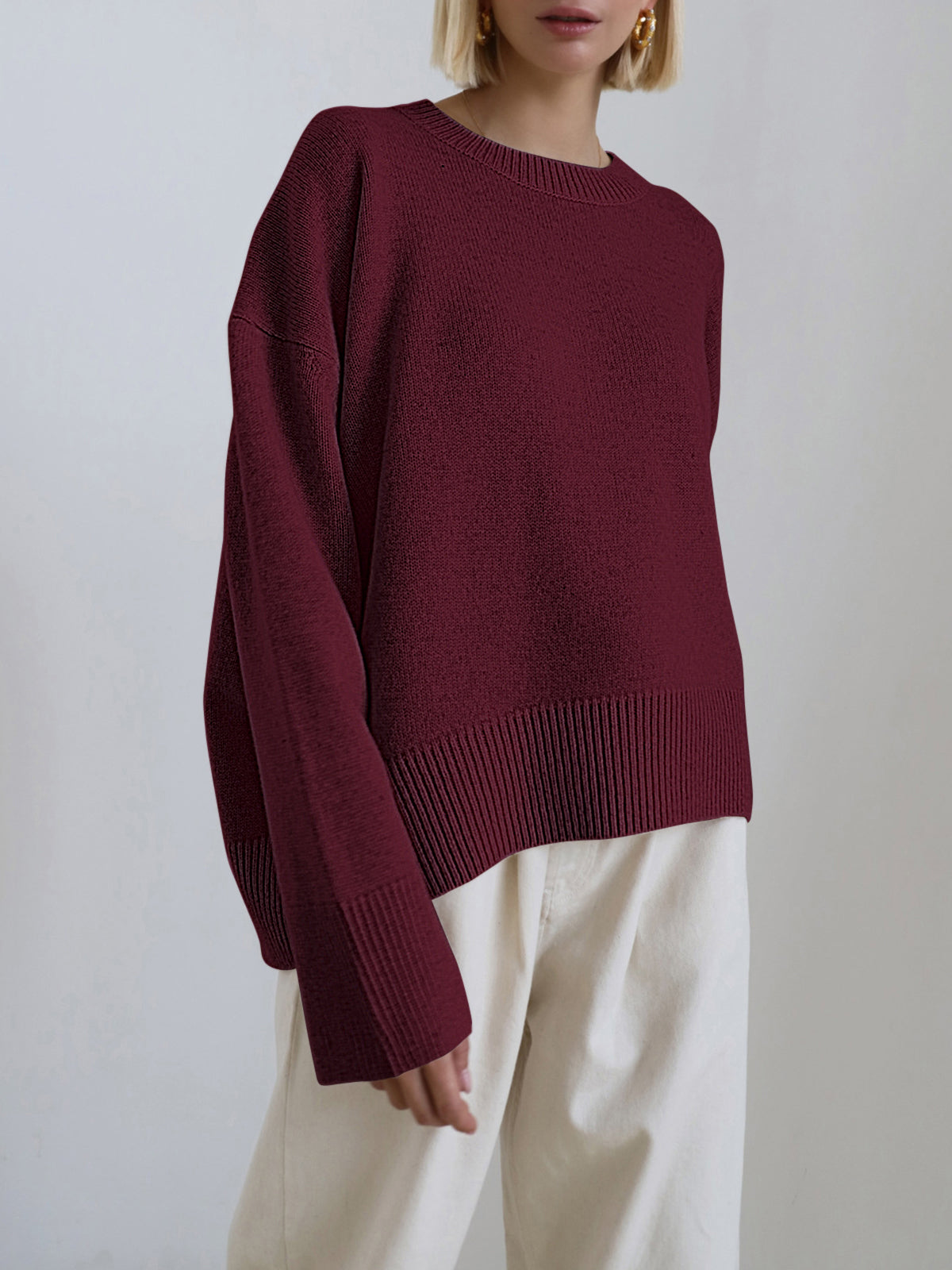 Oversized Crewneck Sweater - Relaxed Fit Long Sleeve Knitwear Casual Layer