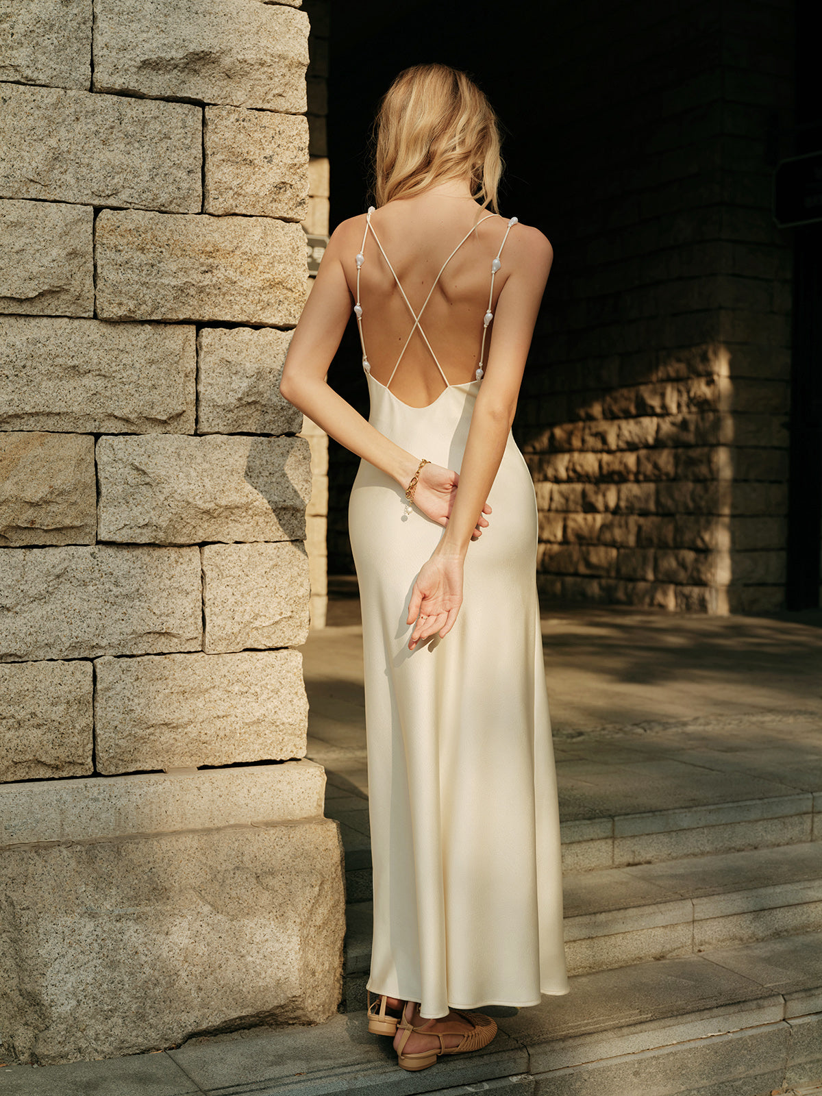 Women's Satin V Neck Sleeveless Cross Back Maxi Dress