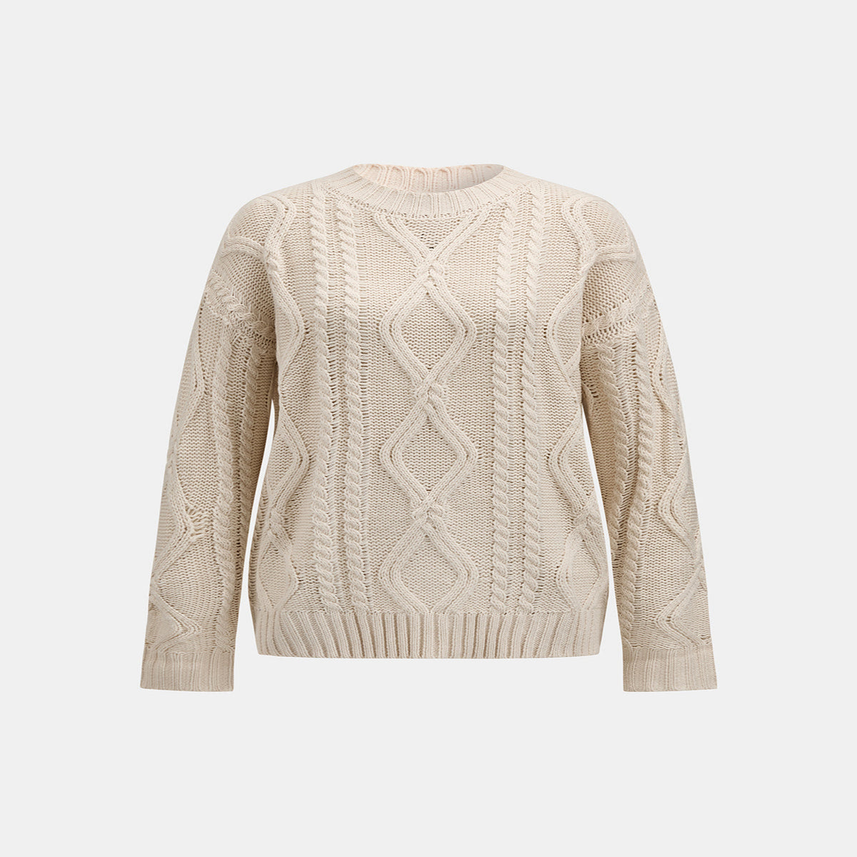 Relaxed Fit Cable Knit Sweater with Long Sleeves and Hip Length Coverage