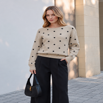 Long Sleeve Knit Sweater with Polka Dot Pattern and High Stretch Fabric