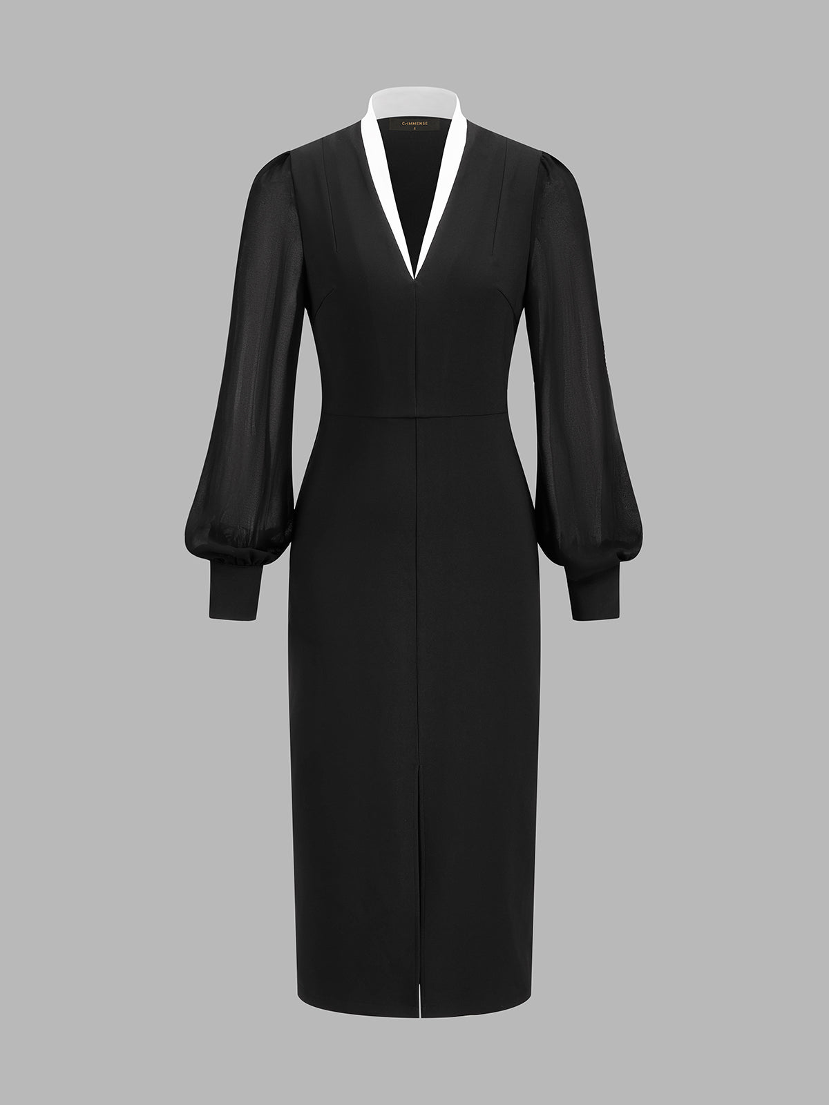 V Neck Midi Dress with Long Sleeves and Invisible Back Zipper, Woven Stretch Fabric