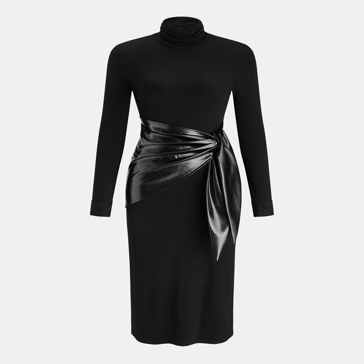 Belted Maxi Dress with High Neckline and Long Sleeves, Slim Fit Stretch