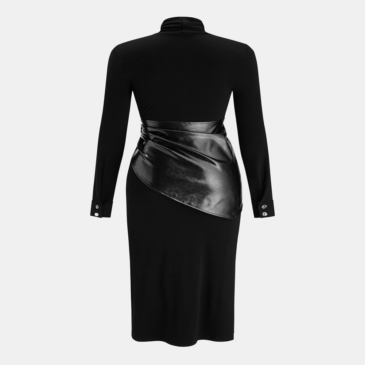 Belted Maxi Dress with High Neckline and Long Sleeves, Slim Fit Stretch