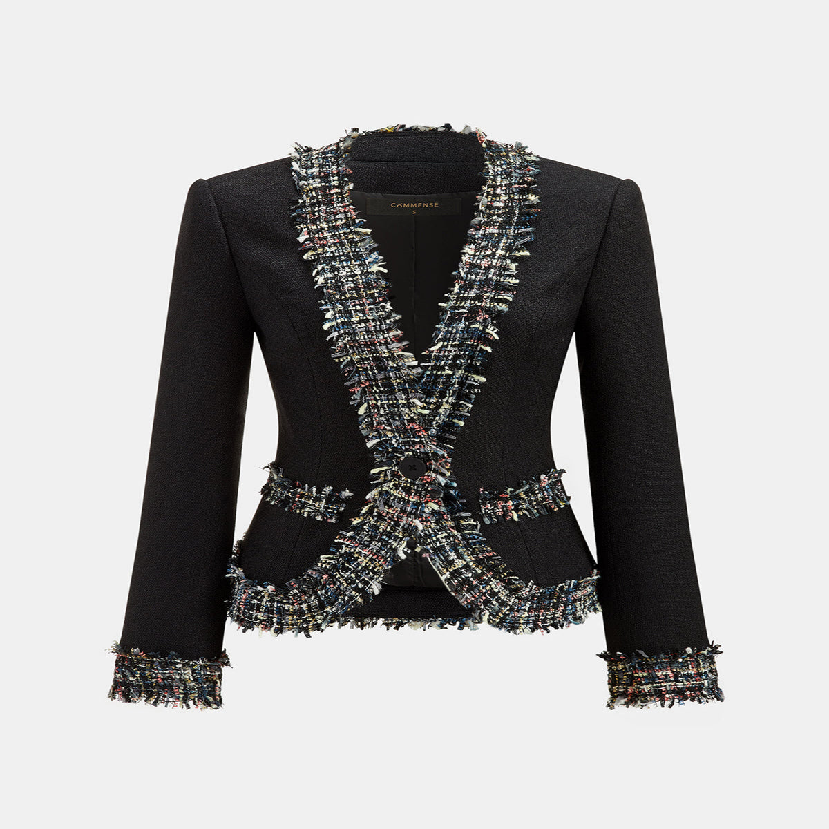 Slim Fit Tweed Blazer with Multicolor Fringe Trim and Lined Interior