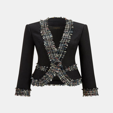 Slim Fit Tweed Blazer with Multicolor Fringe Trim and Lined Interior