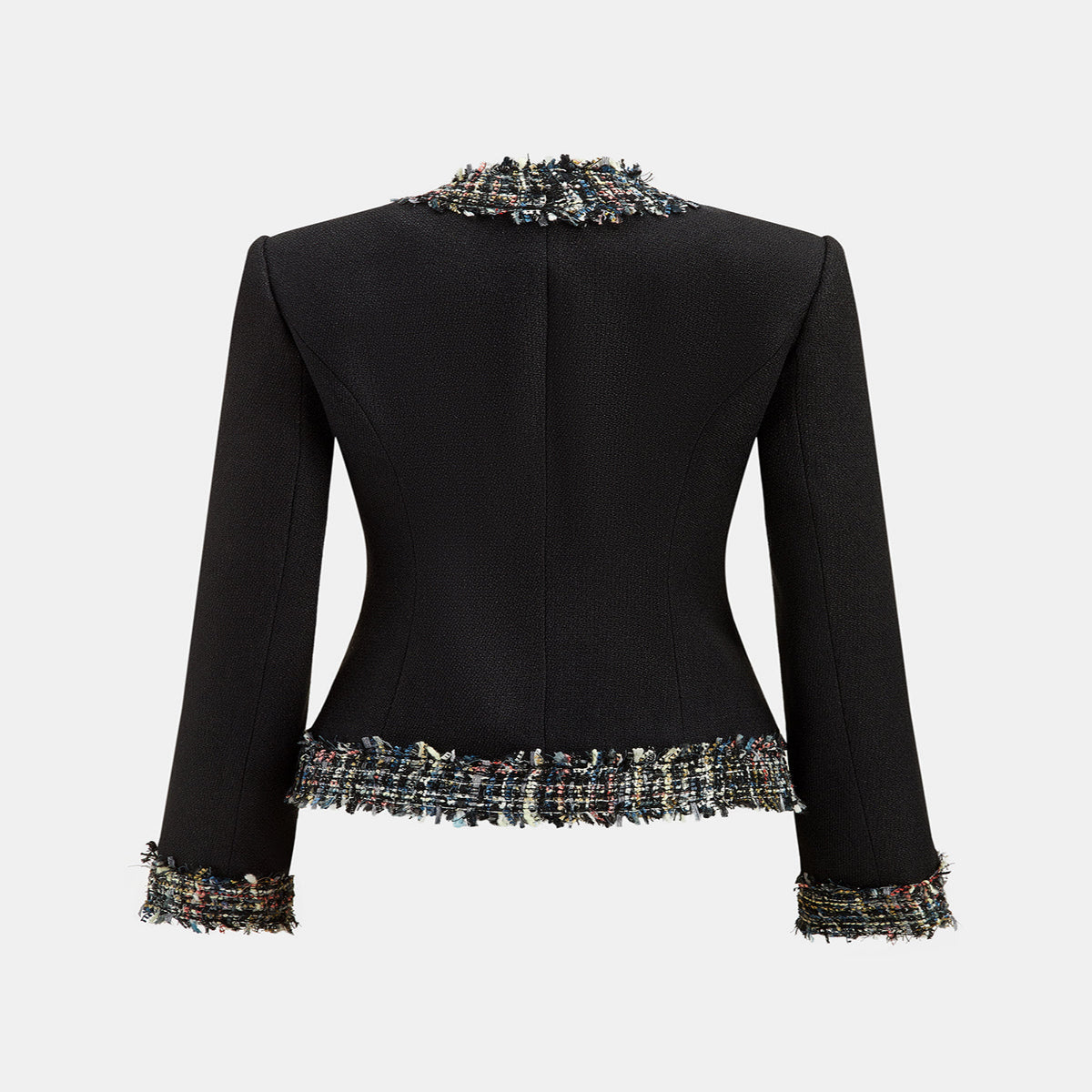 Slim Fit Tweed Blazer with Multicolor Fringe Trim and Lined Interior