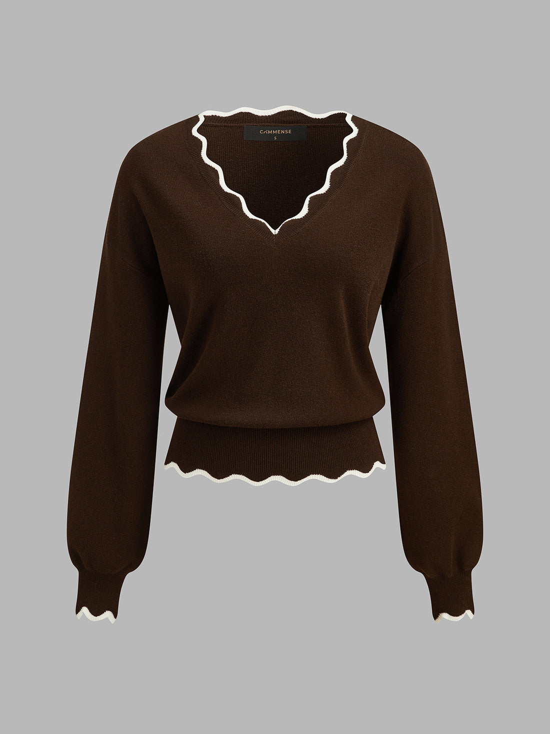 Women's Wool Blend Knit Sweater with Scallop Trim and High Stretch