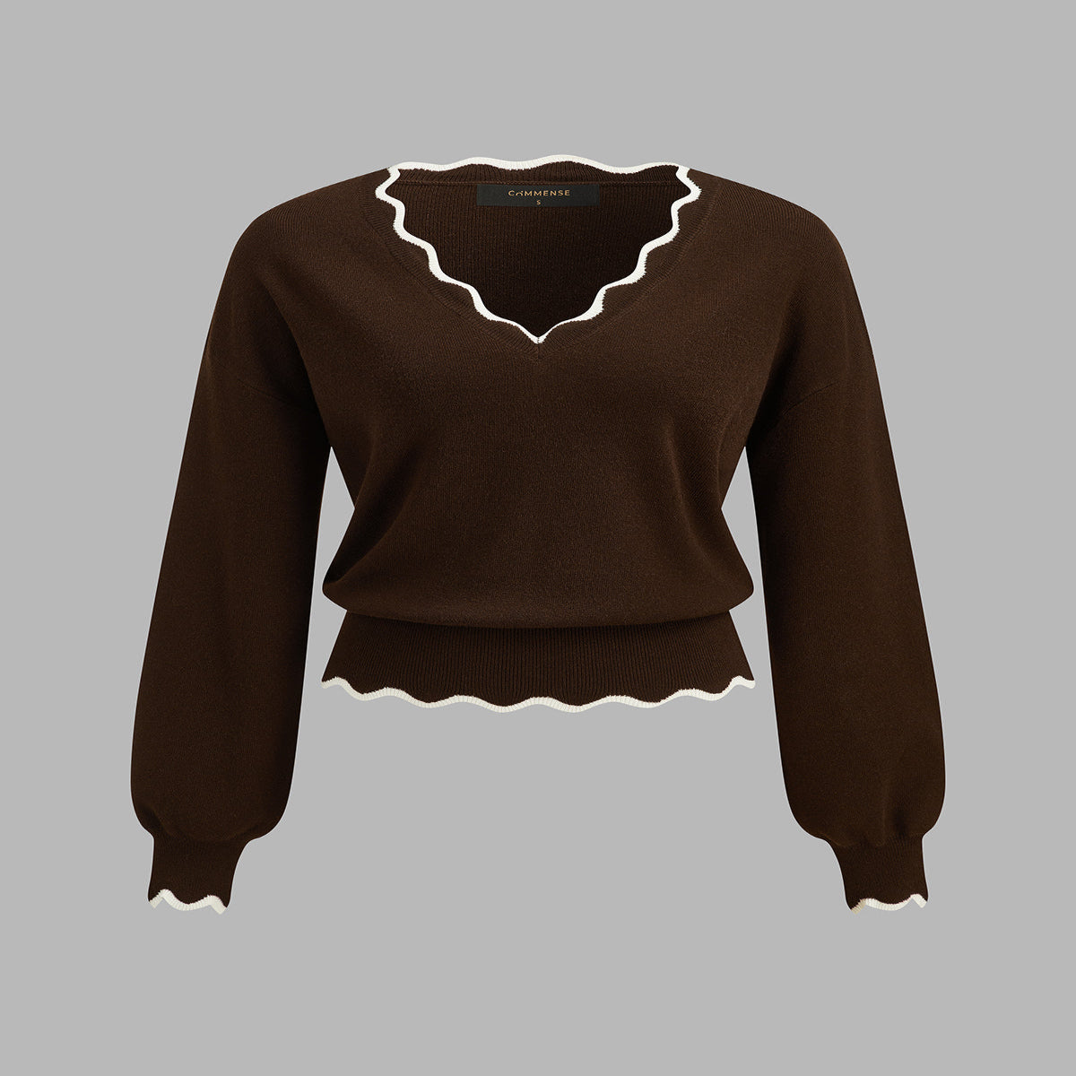Women's Wool Blend Knit Sweater with Scallop Trim and High Stretch
