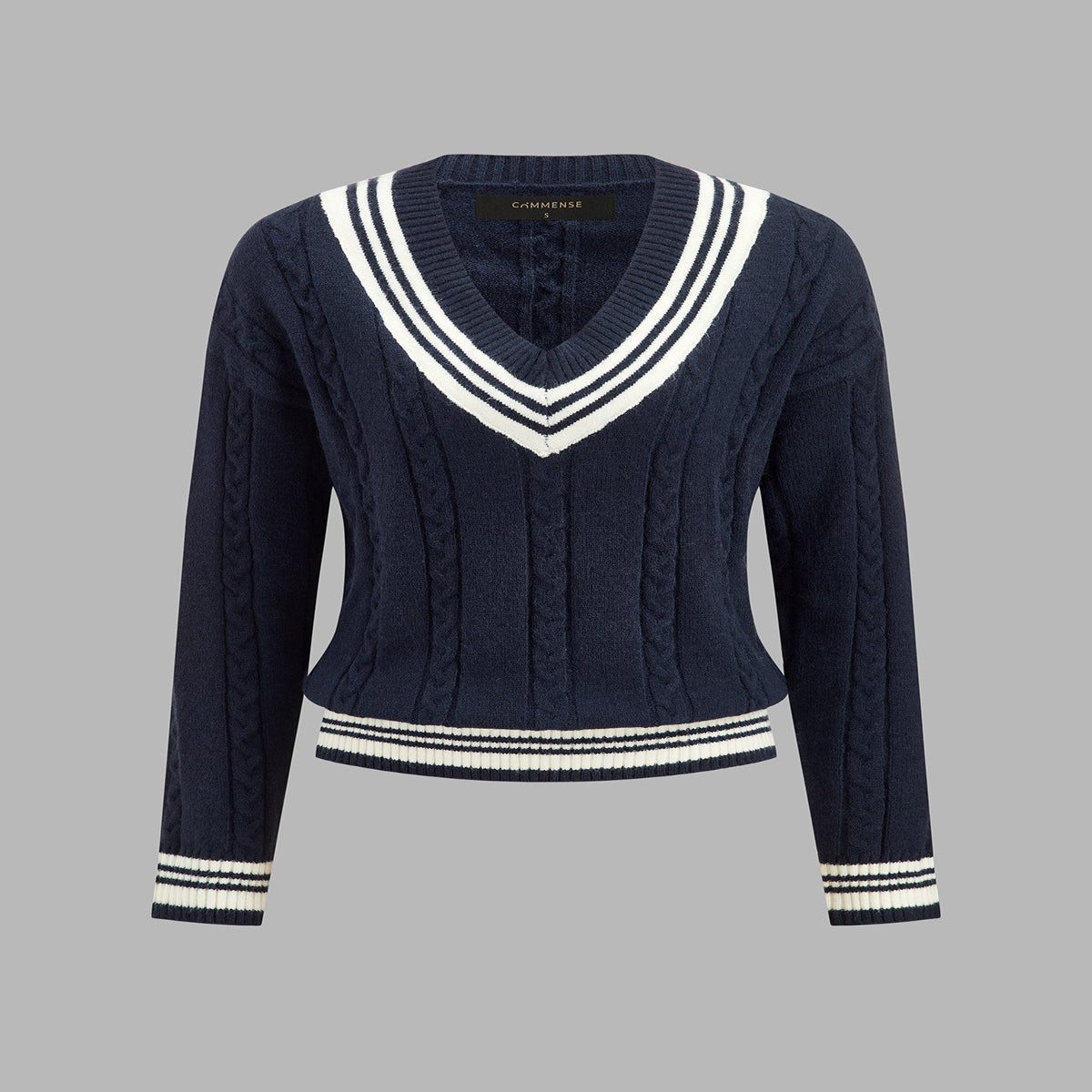 Cable Knit V-Neck Sweater with Striped Trim and Medium Stretch