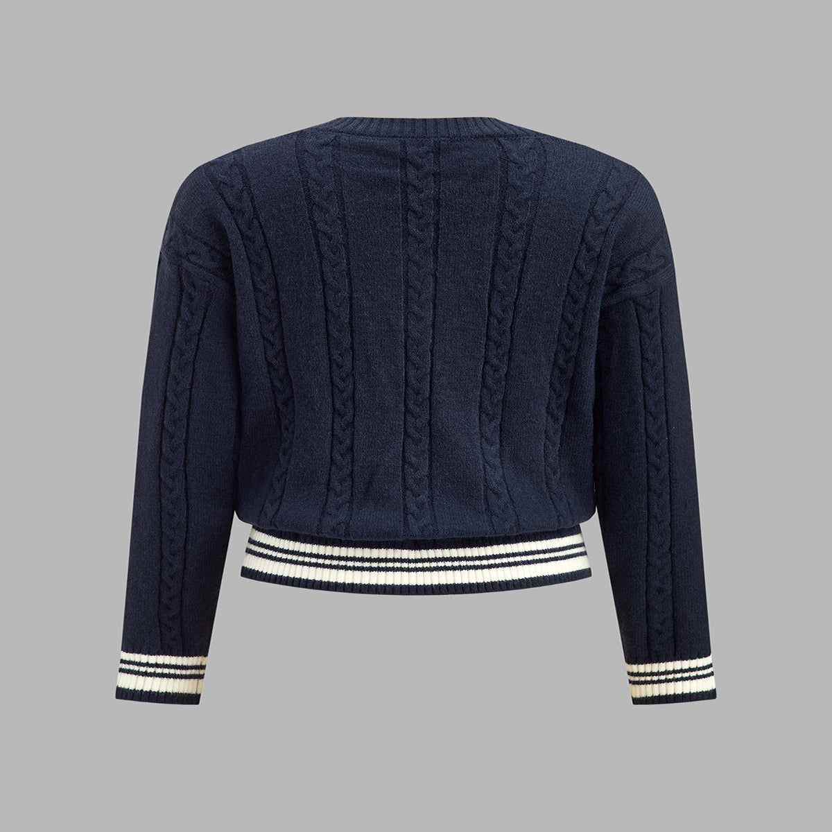 Cable Knit V-Neck Sweater with Striped Trim and Medium Stretch
