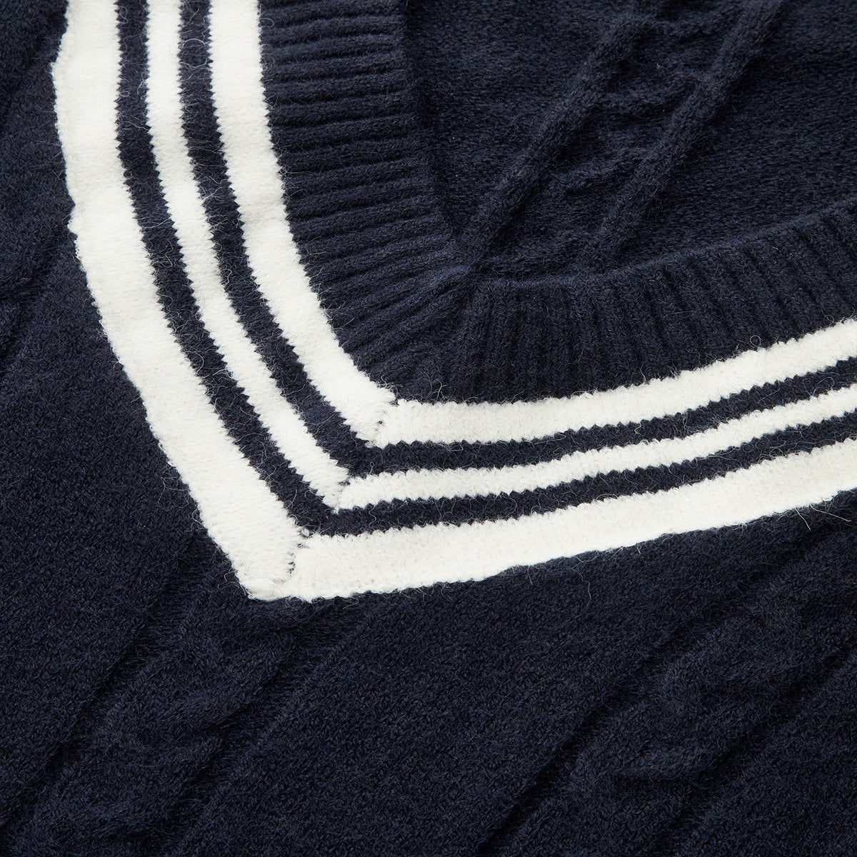 Cable Knit V-Neck Sweater with Striped Trim and Medium Stretch