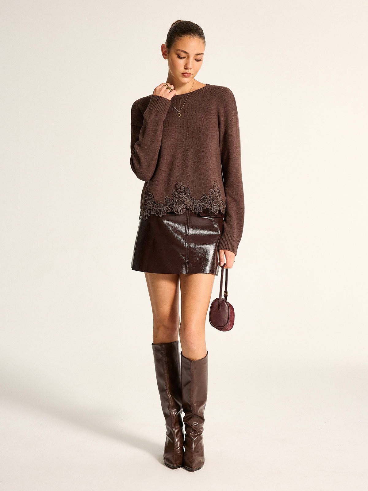 Women's Knit Sweater with Medium Stretch and Lace Hem, Regular Fit