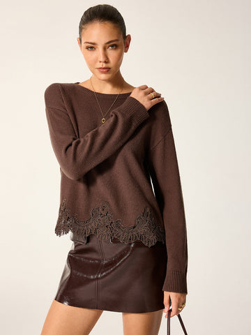 Women's Knit Sweater with Medium Stretch and Lace Hem, Regular Fit