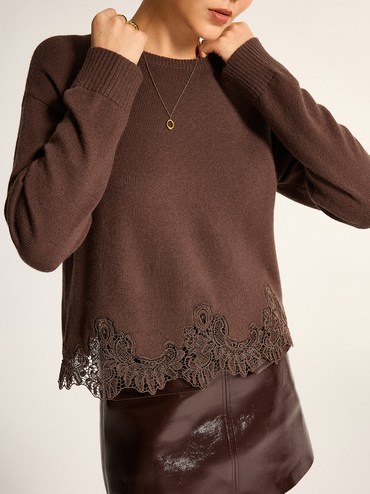 Women's Knit Sweater with Medium Stretch and Lace Hem, Regular Fit