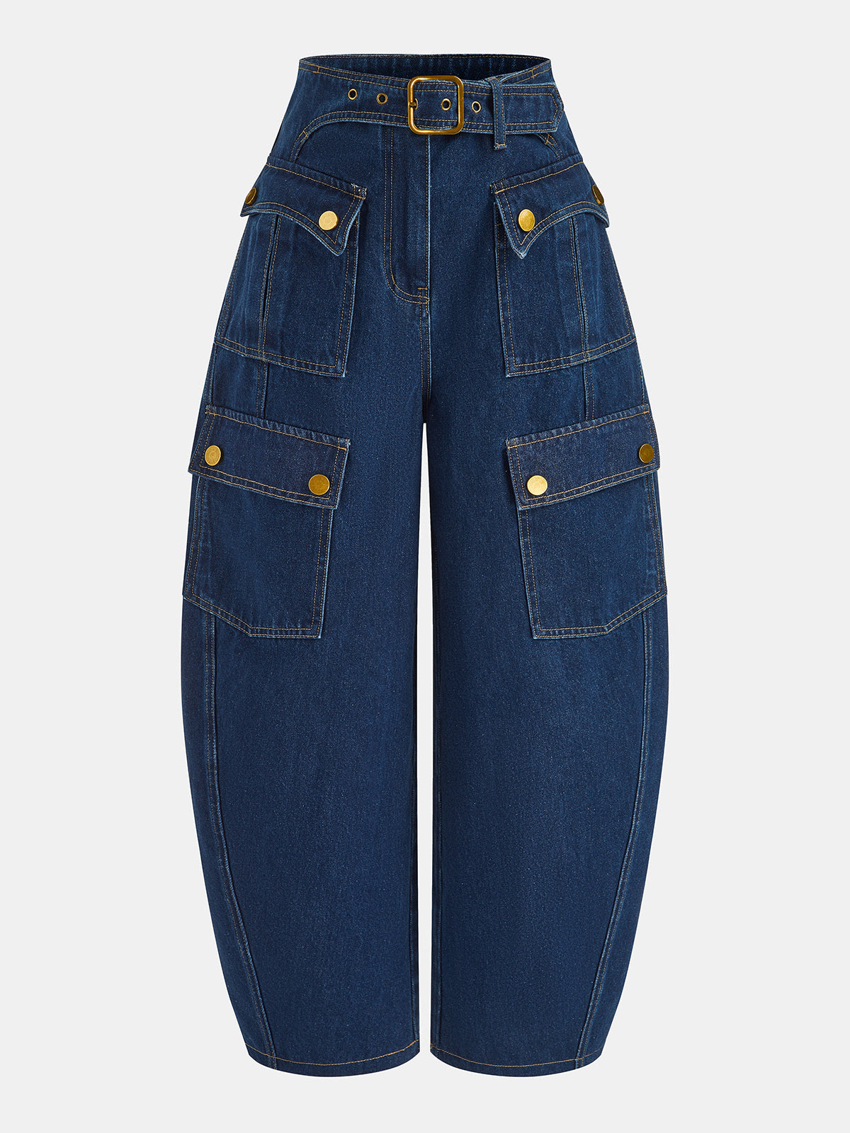 Barrel Leg Jeans with Mid Waist and Stretch Denim, Multi-Pocket