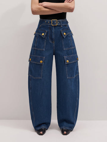 Barrel Leg Jeans with Mid Waist and Stretch Denim, Multi-Pocket