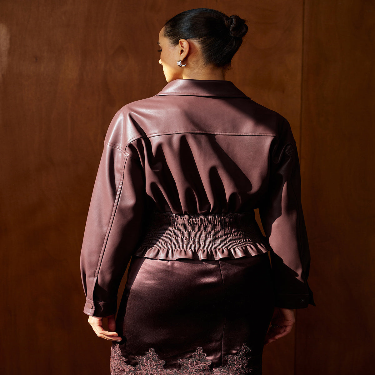 Cropped Faux Leather Jacket with Elastic Waistband and Lined Interior, Long Sleeves