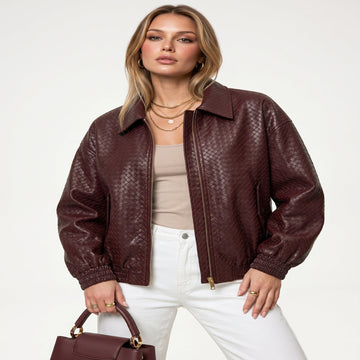 Faux Leather Bomber Jacket with Elastic Waistband and Fully Lined Interior