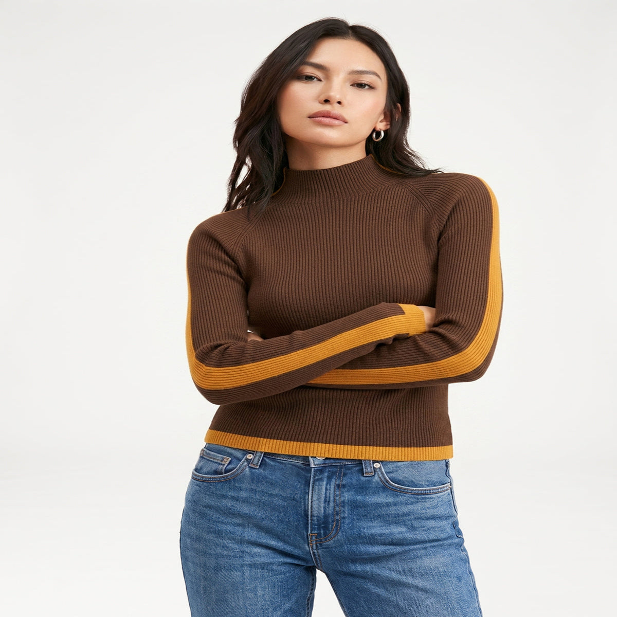 Mock Neck Knit Sweater with Color Block Design and Medium Stretch