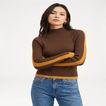 Mock Neck Knit Sweater with Color Block Design and Medium Stretch