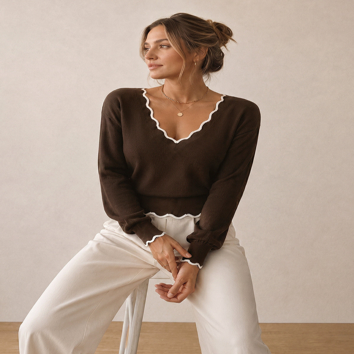 Women's Wool Blend Knit Sweater with Scallop Trim and High Stretch