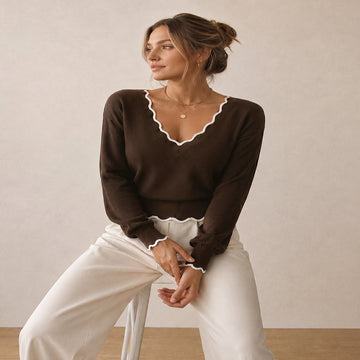 Women's Wool Blend Knit Sweater with Scallop Trim and High Stretch