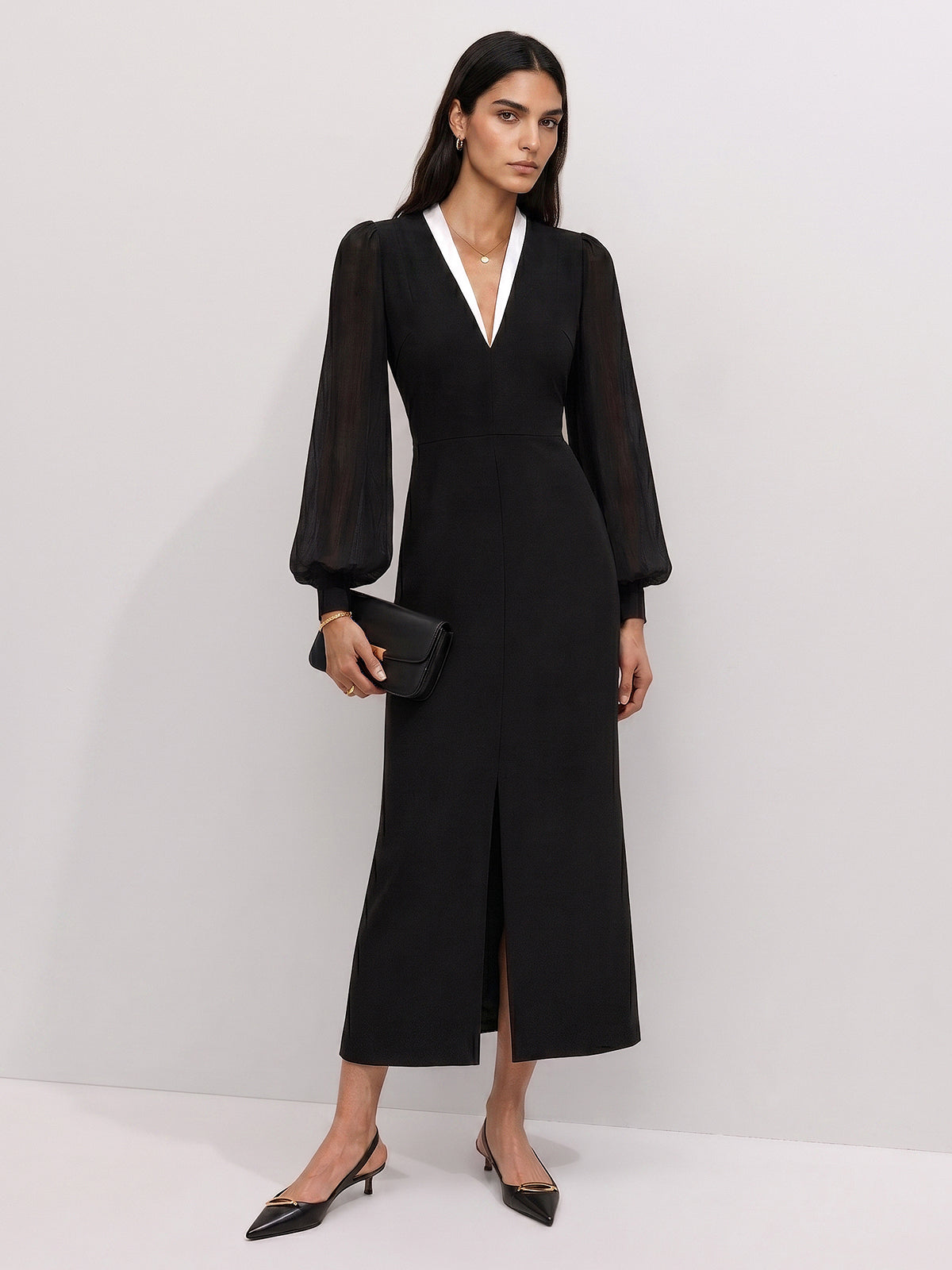 V Neck Midi Dress with Long Sleeves and Invisible Back Zipper, Woven Stretch Fabric