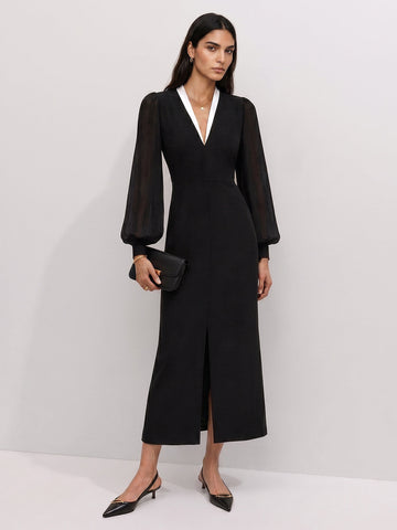 V Neck Midi Dress with Long Sleeves and Invisible Back Zipper, Woven Stretch Fabric