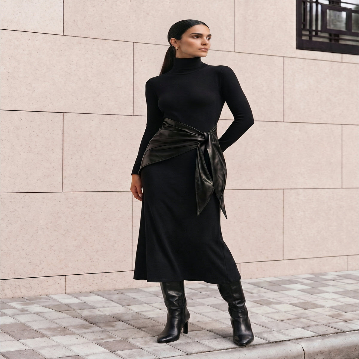 Belted Maxi Dress with High Neckline and Long Sleeves, Slim Fit Stretch