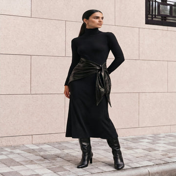 Belted Maxi Dress with High Neckline and Long Sleeves, Slim Fit Stretch