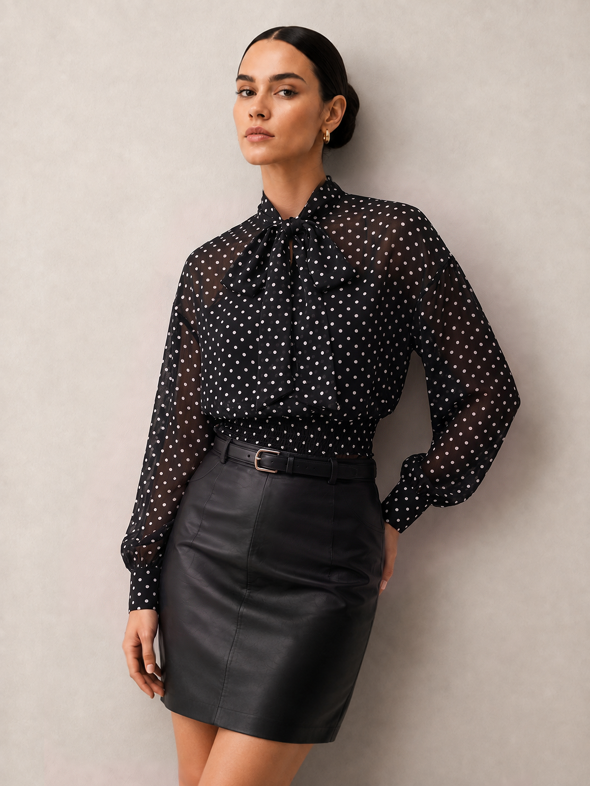 Long Sleeve Chiffon Dress with High Neckline and Elastic Waistband