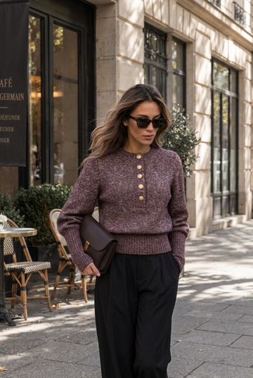 Pullover Knit Sweater with Medium Stretch and Opaque Four-Material Blend