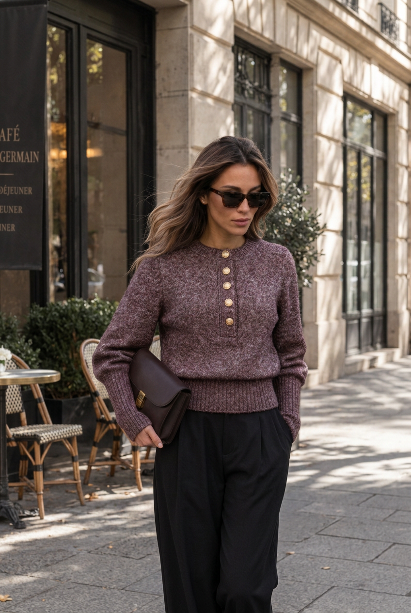 Pullover Knit Sweater with Medium Stretch and Opaque Four-Material Blend