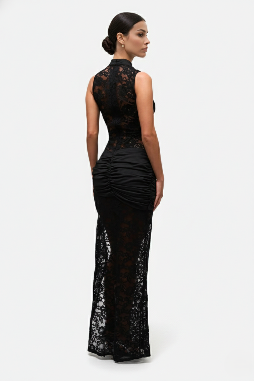 Women's Lace Sleeveless Deep V Keyhole Maxi Dress - High Slit